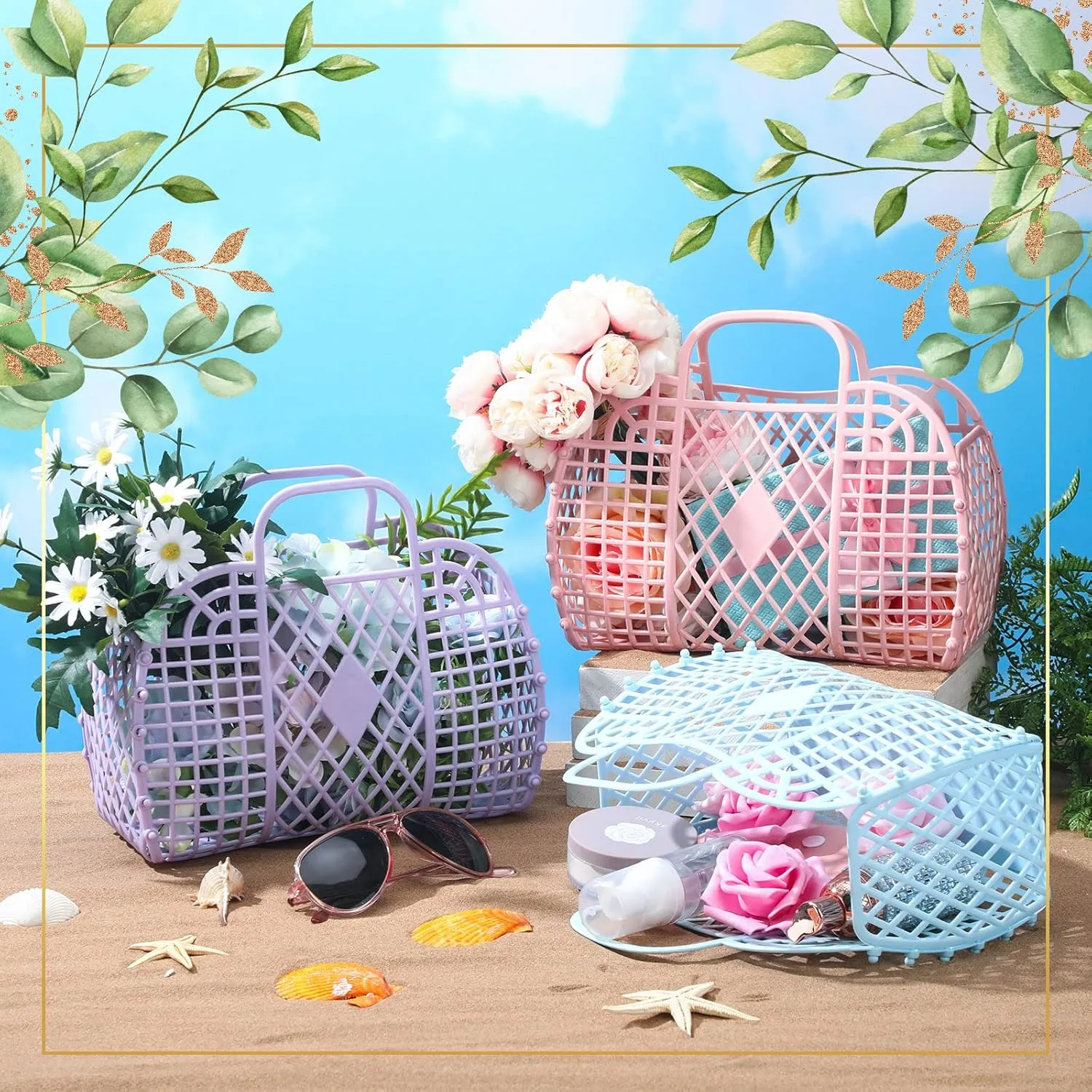 Silkfly 6 Pcs Jelly Tote Bags Plastic Easter Baskets for Egg Hunting Wedding Beach Gifts Purse Bags for Spring Party Favor(Blue, Pink, Purple,Small)