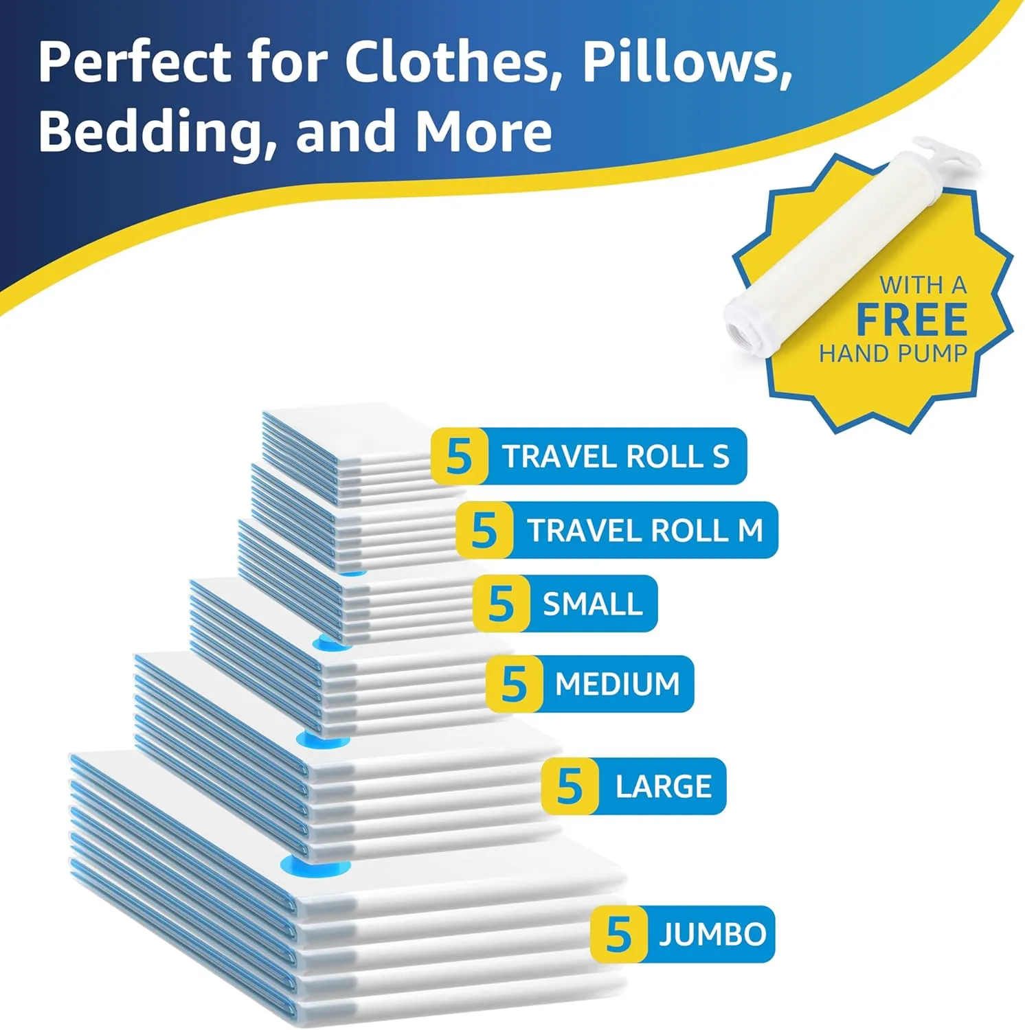 Simple Deluxe 30 Pack Space Saver Bags (5 Jumbo/5 L/5 M/5 S/5 Roll M/5 Roll S) 80% Space Saver Bags with Travelling Pump for Quilts and Blankets Storage