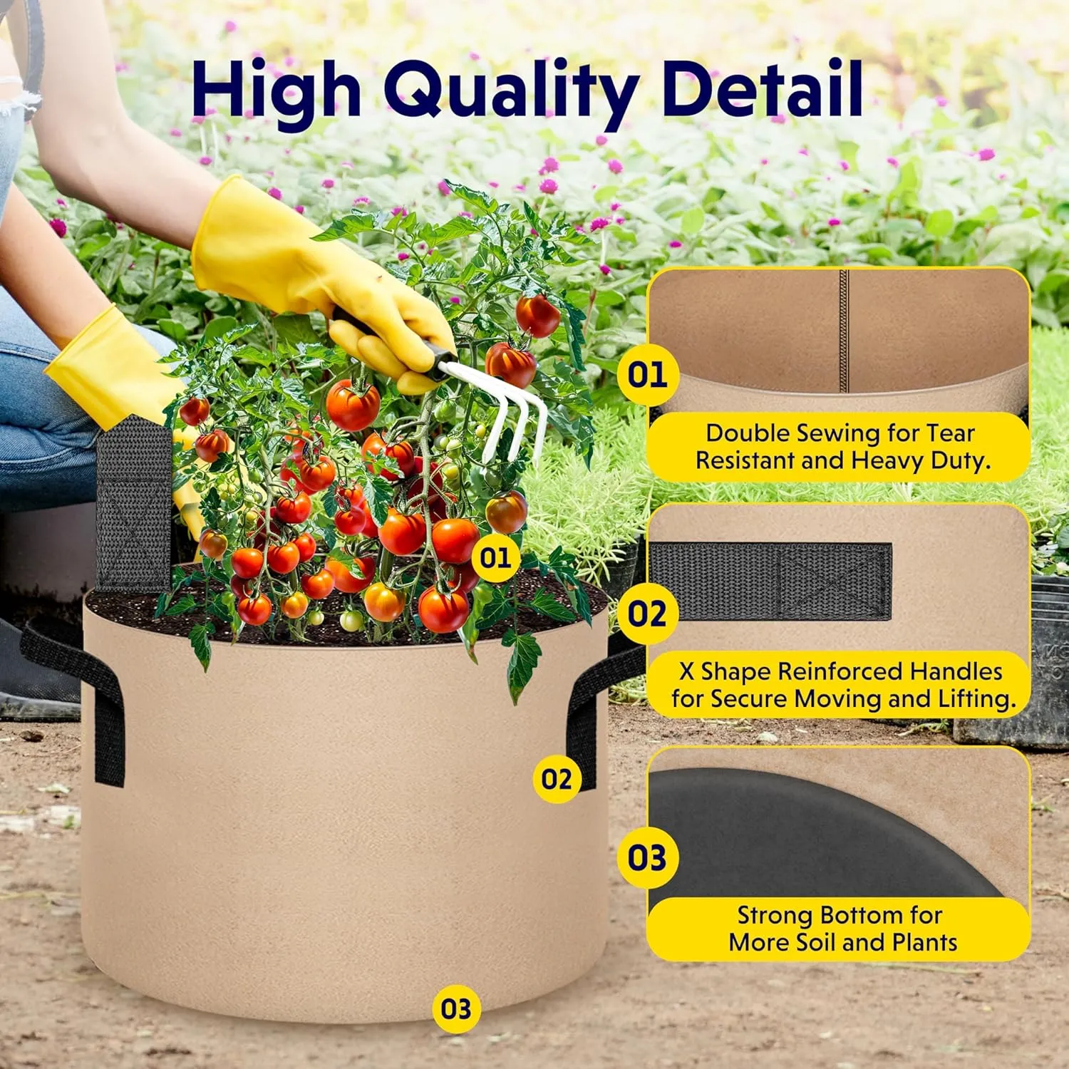 Simple Deluxe 5 Pack 15 Gallon Grow Bags, 300G Vegetable/Flower/Plant Fabric Pots with Handles, Heavy Duty Thickened Nonwoven Planting Bag with 5 Pcs Plant Labels