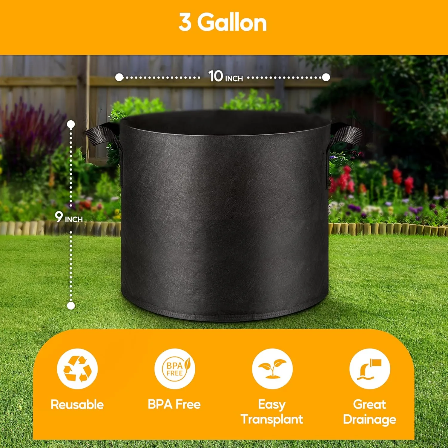 Simple Deluxe Grow Bags 3 Gallon 5 Pack Planter Pots with Handles, Thickened Nonwoven Fabric Aeration Cloth Bag, Heavy Duty Gardening for Tomoato, Potato, Vegetable, Herbs and Flowers, Black