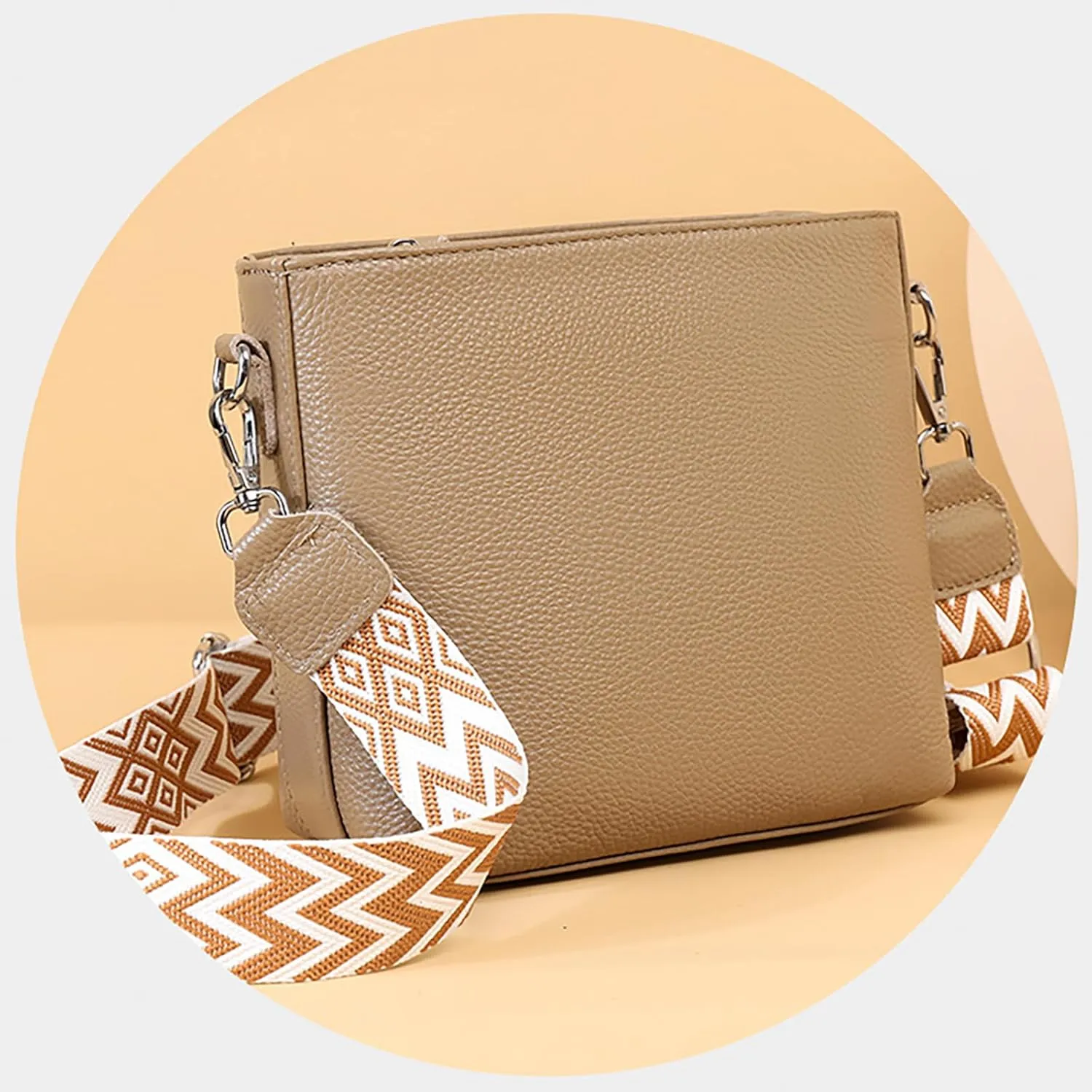 Simple Fashion Bucket Handbag For Women Real Genuine Leather Crossbody Shoulder Bags With Geometric Pattern Strap