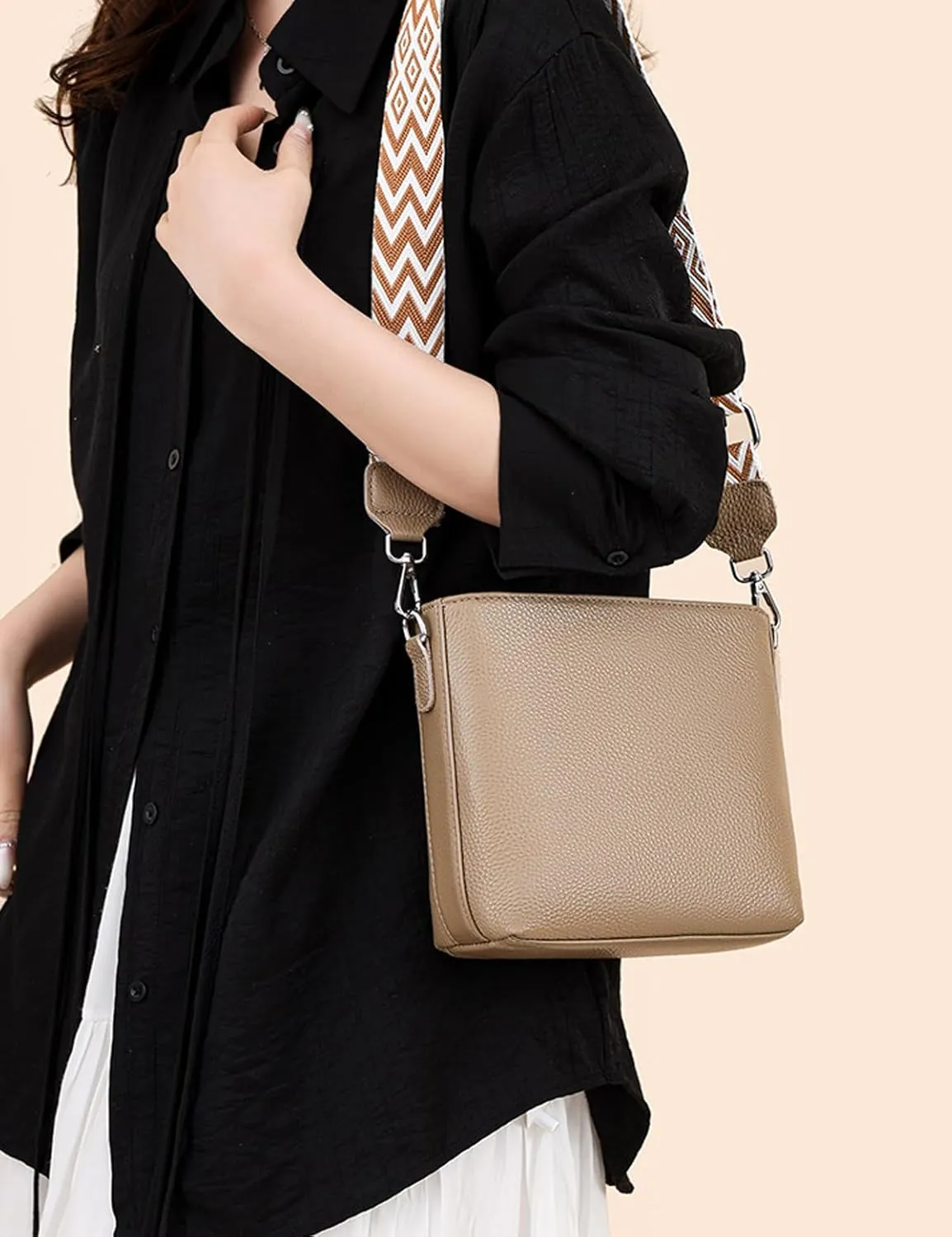 Simple Fashion Bucket Handbag For Women Real Genuine Leather Crossbody Shoulder Bags With Geometric Pattern Strap