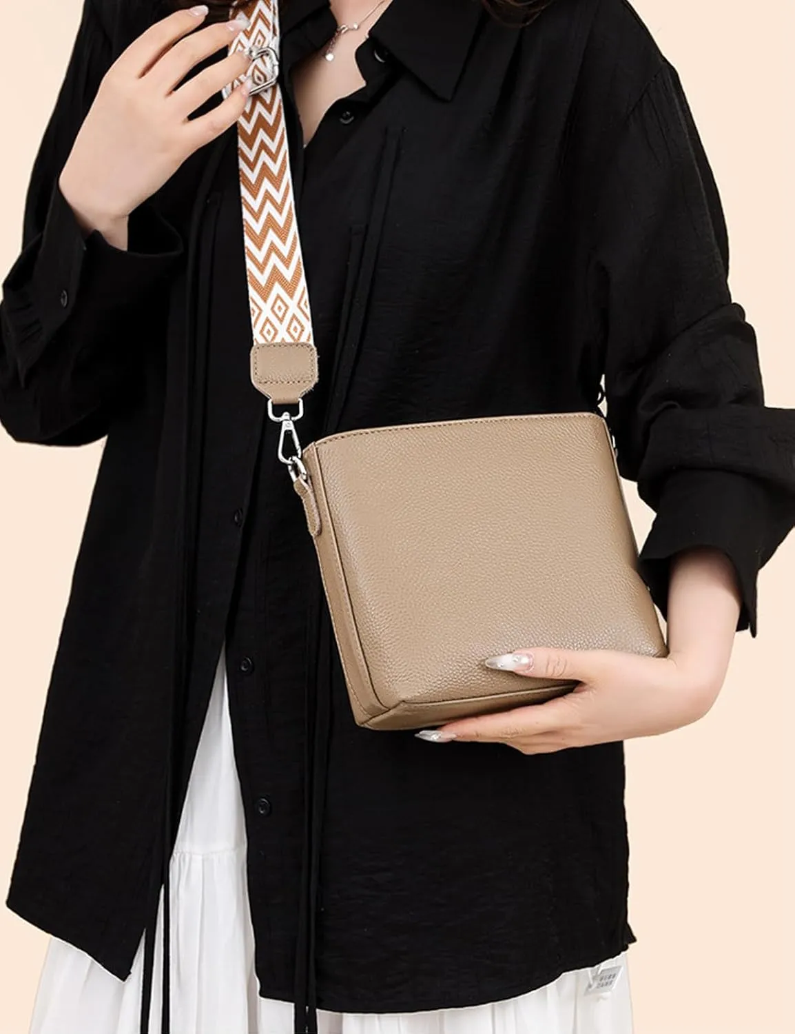 Simple Fashion Bucket Handbag For Women Real Genuine Leather Crossbody Shoulder Bags With Geometric Pattern Strap