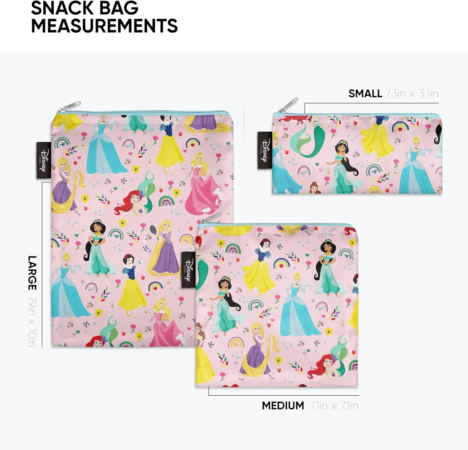 Simple Modern Disney Reusable Snack Bags for Kids | Food Safe, BPA Free, Phthalate Free, Polyester Zip Pouches | Washable & Refillable Sandwich Bag | Ellie Collection | 3 pack | Princess Rainbow