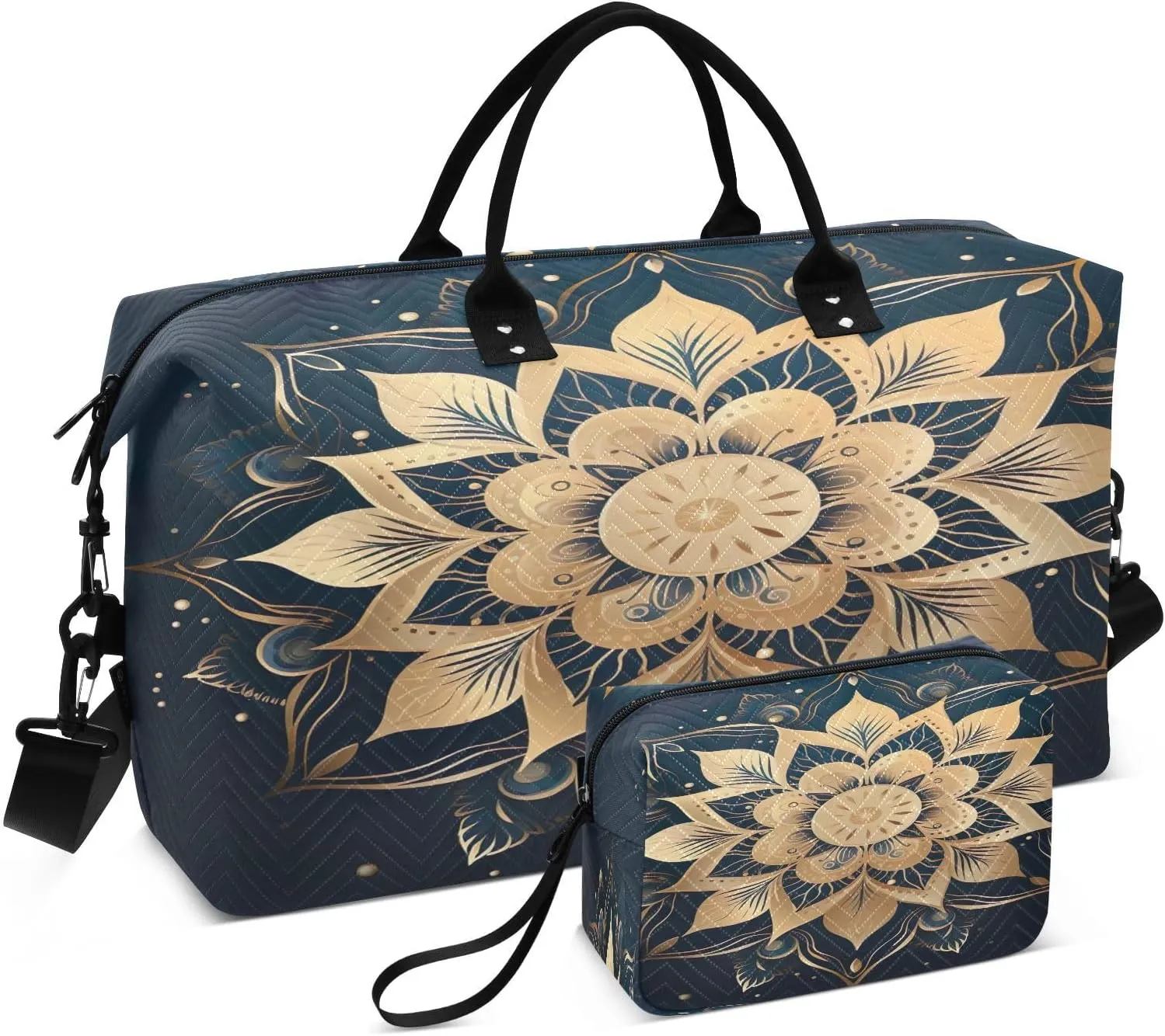 Sinestour Mandala Golden Travel Duffel Bag for Men Women with Makeup Bag Weekend Overnight Carry On Bags for Airline Travel Under Seat
