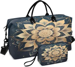 Sinestour Mandala Golden Travel Duffel Bag for Men Women with Makeup Bag Weekend Overnight Carry On Bags for Airline Travel Under Seat