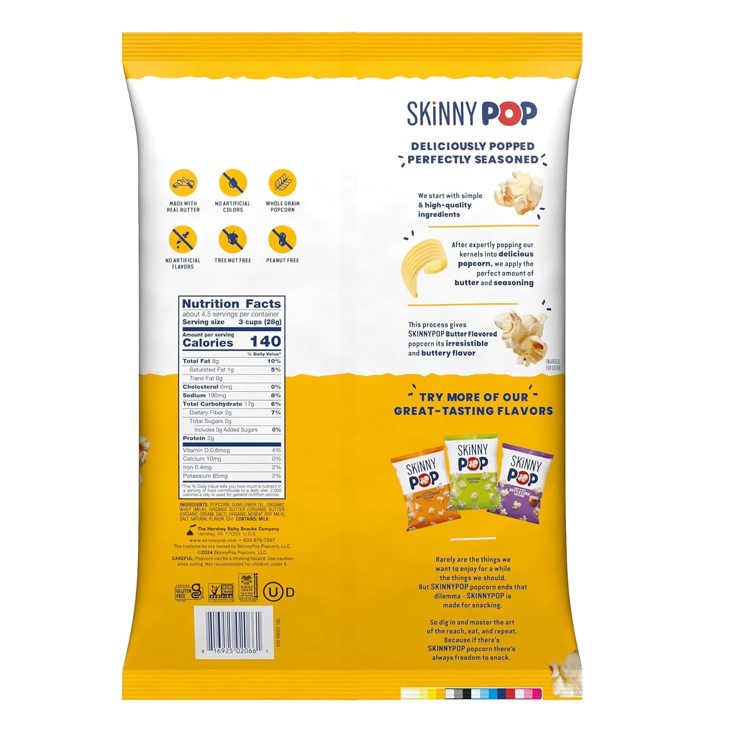 SkinnyPop Butter Popcorn, Gluten Free, Non-GMO, Healthy Popcorn Snacks, Skinny Pop, 4.4oz Grocery Size Bags (12 Count)