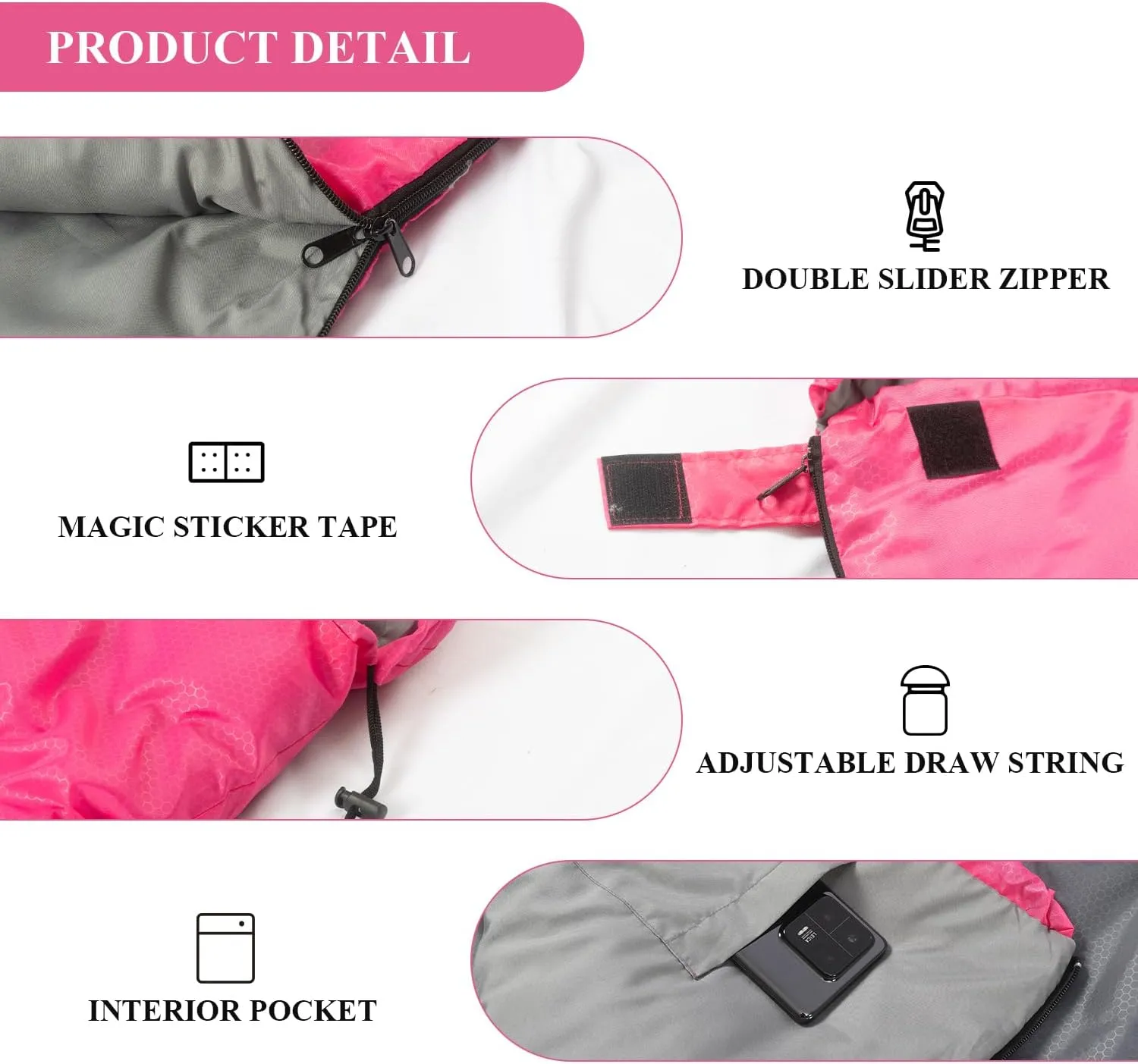 Sleeping Bags, Camping Sleeping Bag for Adults, 3 Season Warm & Cool Weather, Lightweight Waterproof Sleeping Bags for Indoor Outdoor Camping Traveling Backpacking, Pink/Blue/Black