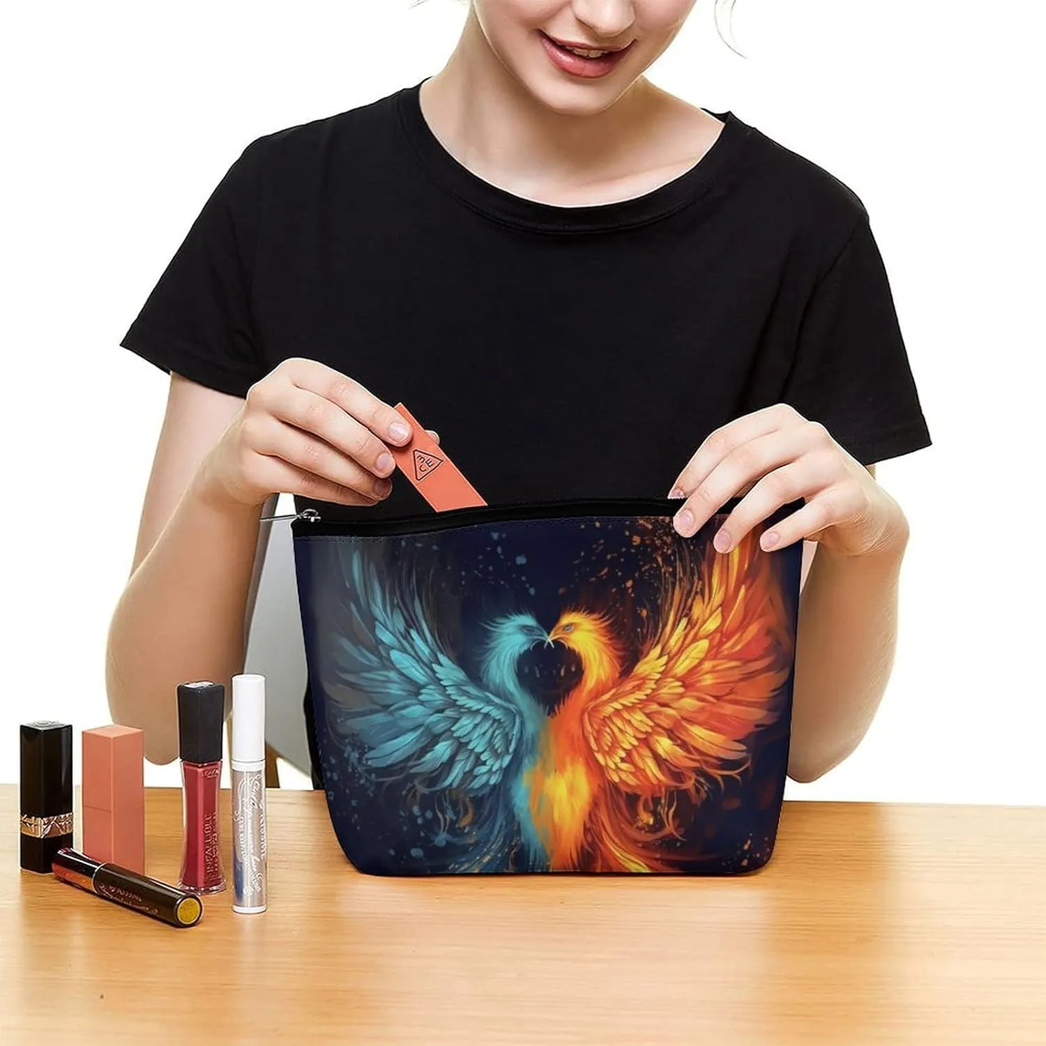 Small Cosmetic Bag Elegant Roomy Fire And Water Phoenix Makeup Bags Portable Zipper Pouch Lipstick Bag Travel Toiletry Bag for Best Friend Gift
