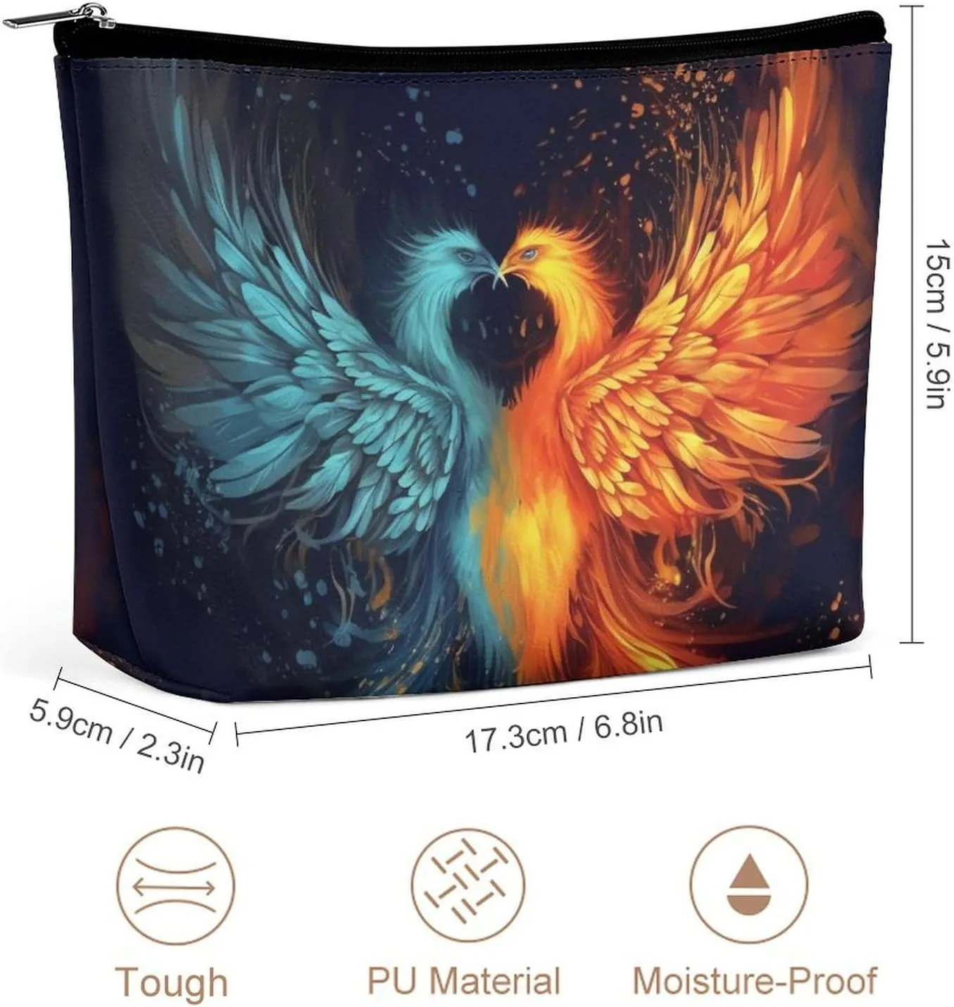 Small Cosmetic Bag Elegant Roomy Fire And Water Phoenix Makeup Bags Portable Zipper Pouch Lipstick Bag Travel Toiletry Bag for Best Friend Gift
