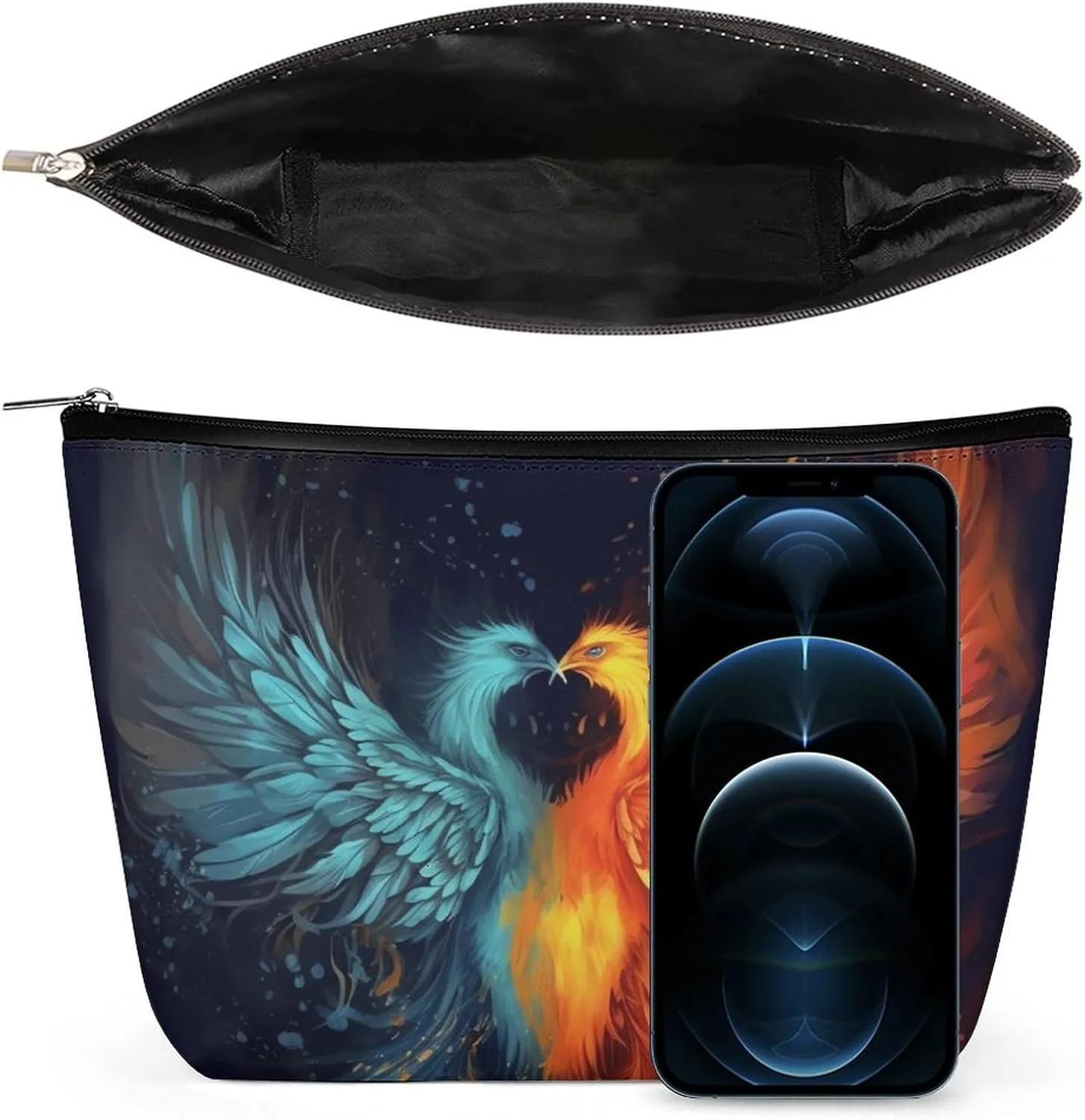 Small Cosmetic Bag Elegant Roomy Fire And Water Phoenix Makeup Bags Portable Zipper Pouch Lipstick Bag Travel Toiletry Bag for Best Friend Gift