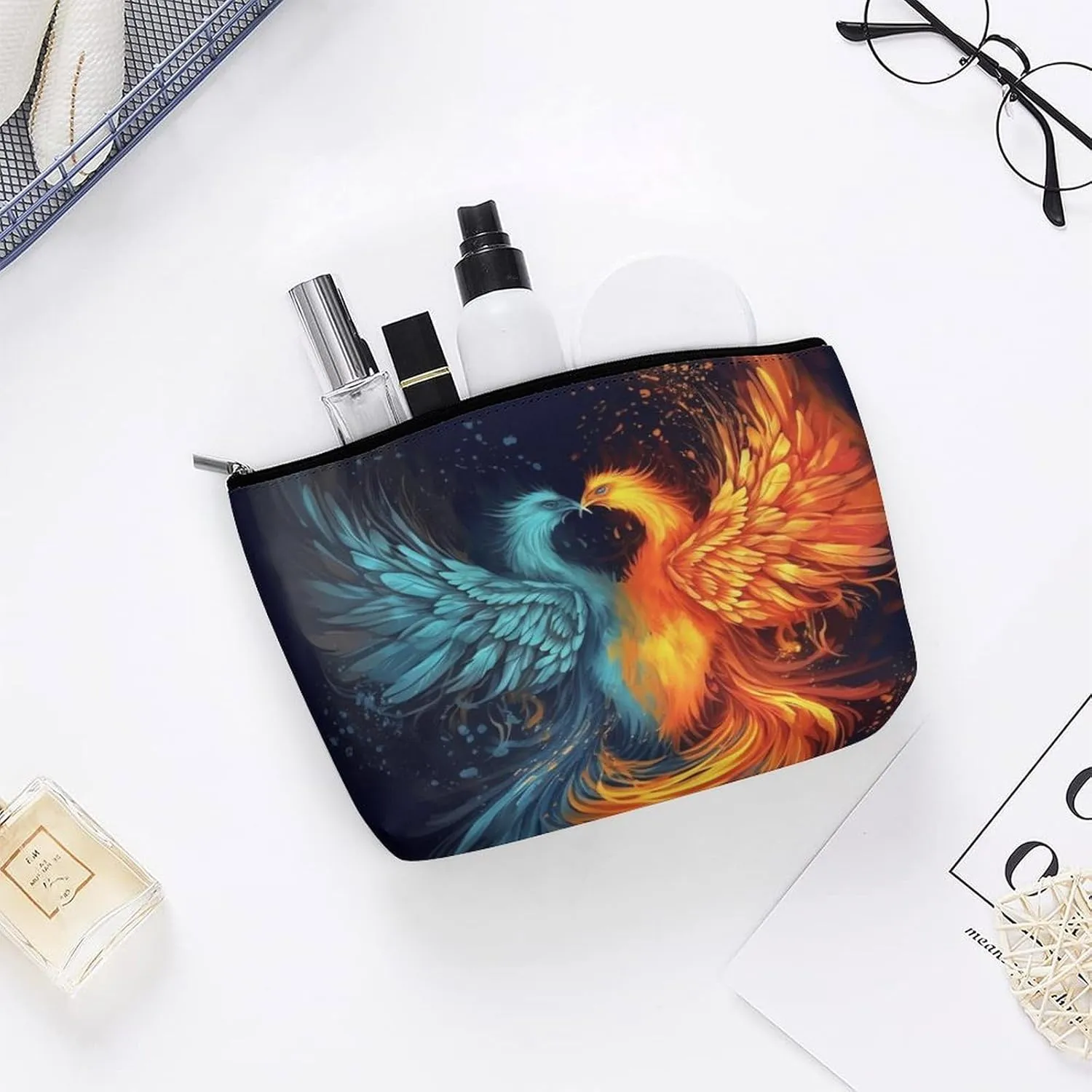 Small Cosmetic Bag Elegant Roomy Fire And Water Phoenix Makeup Bags Portable Zipper Pouch Lipstick Bag Travel Toiletry Bag for Best Friend Gift