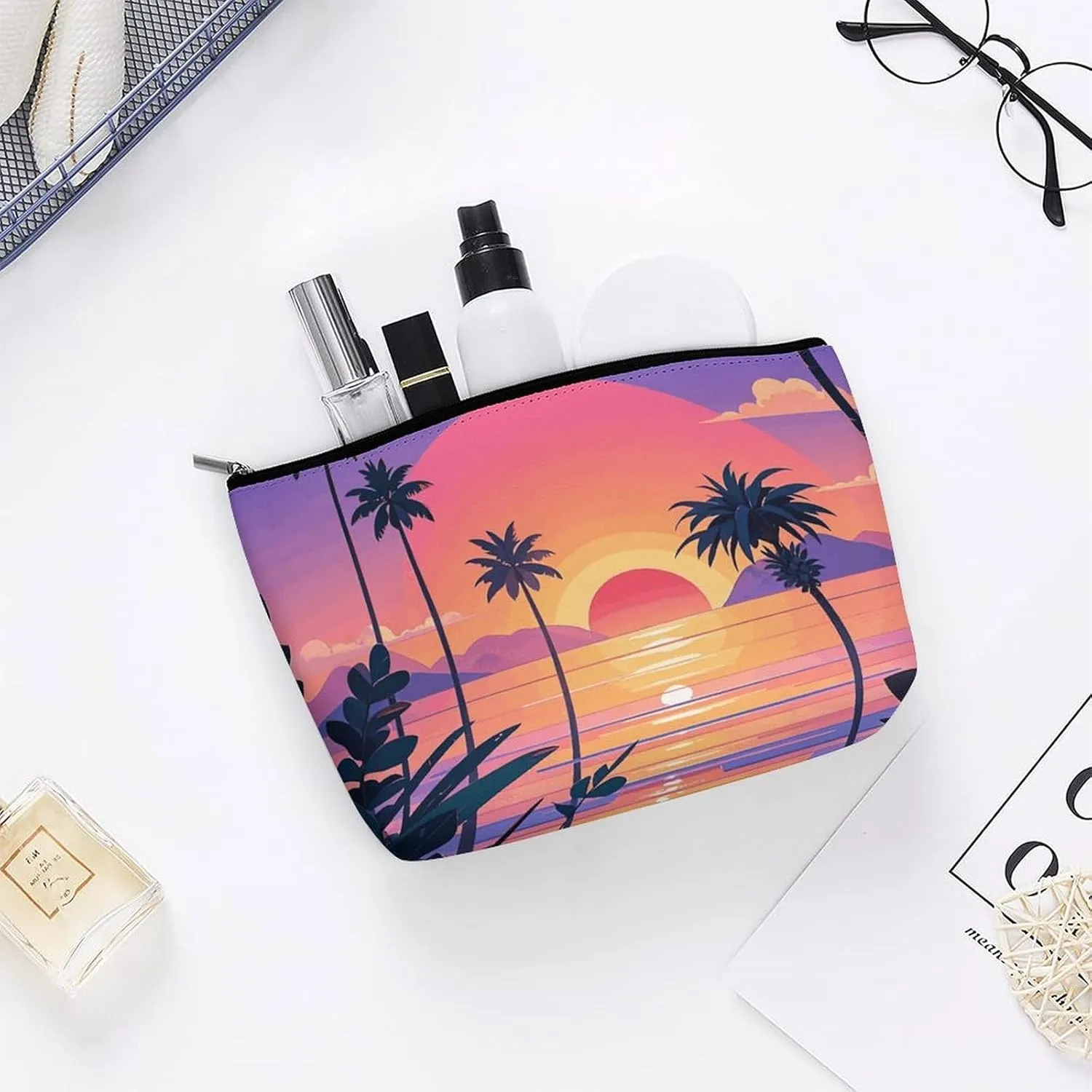 Small Cosmetic Bag Elegant Roomy Sunset & Sea View Makeup Bags Portable Zipper Pouch Lipstick Bag Travel Toiletry Bag for Best Friend Gift