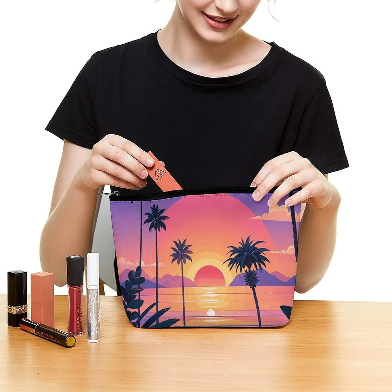 Small Cosmetic Bag Elegant Roomy Sunset & Sea View Makeup Bags Portable Zipper Pouch Lipstick Bag Travel Toiletry Bag for Best Friend Gift