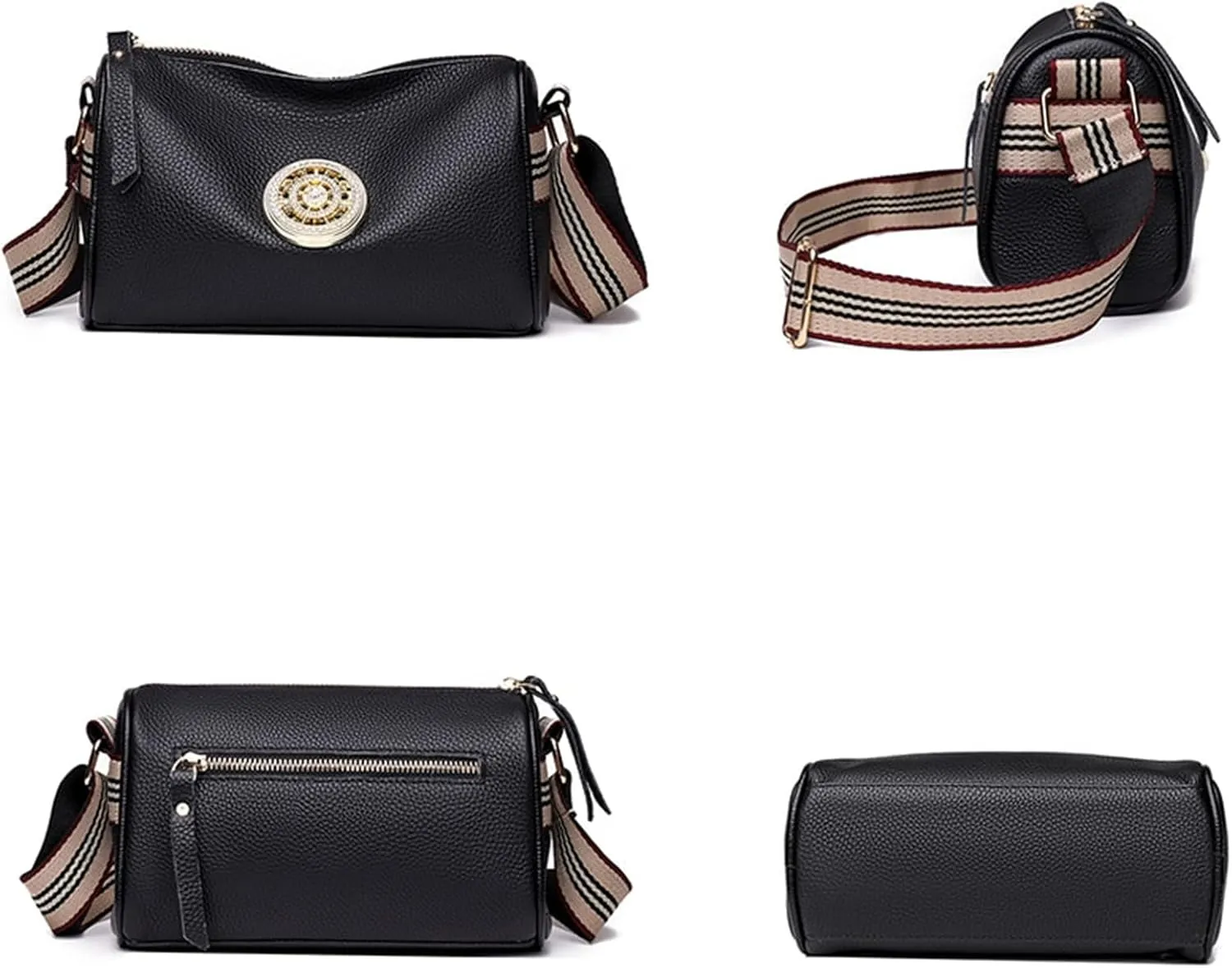Small Leather Crossbody Bag for Women, Double Zip Cell Phone Purse, Wide Guitar Strap Shoulder Handbag with Metal Decoration