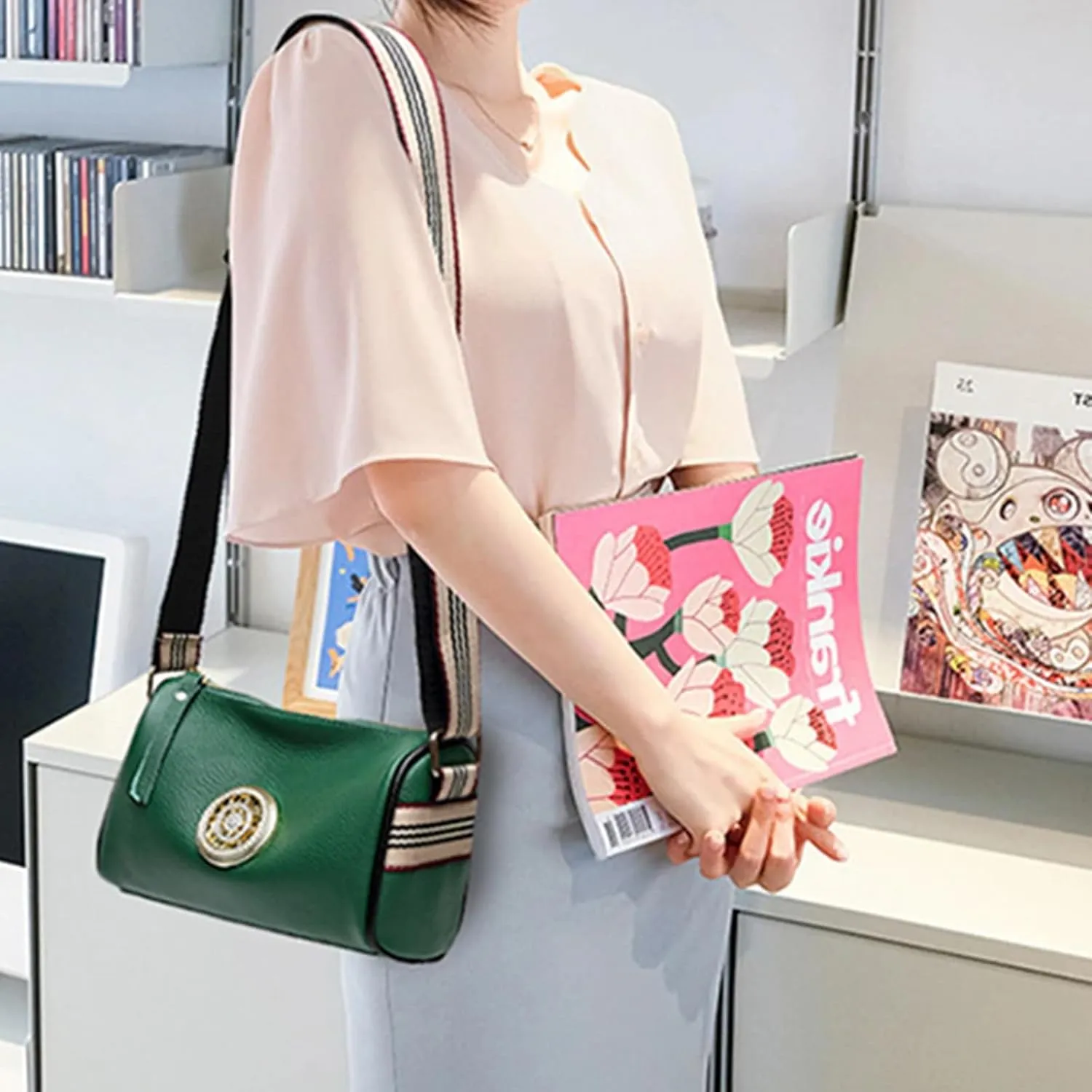 Small Leather Crossbody Bag for Women, Double Zip Cell Phone Purse, Wide Guitar Strap Shoulder Handbag with Metal Decoration