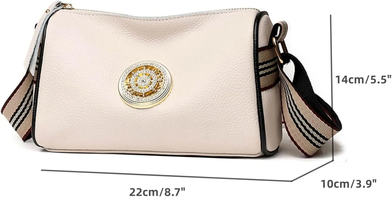 Small Leather Crossbody Bag for Women, Double Zip Cell Phone Purse, Wide Guitar Strap Shoulder Handbag with Metal Decoration
