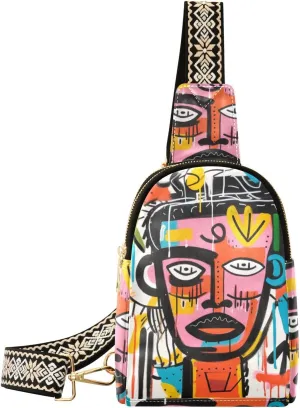 Small Sling Bag for Women Abstract Colorful Doodle Leather Crossbody Bags Chest Bag Waist Packs