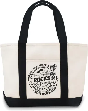 Somedays I Rock It Some Days It Rocks Me Either Way We're Rockin' Motherhood Funny Large Canvas Tote Bag Use For Grocery Bags,Shopping Bags