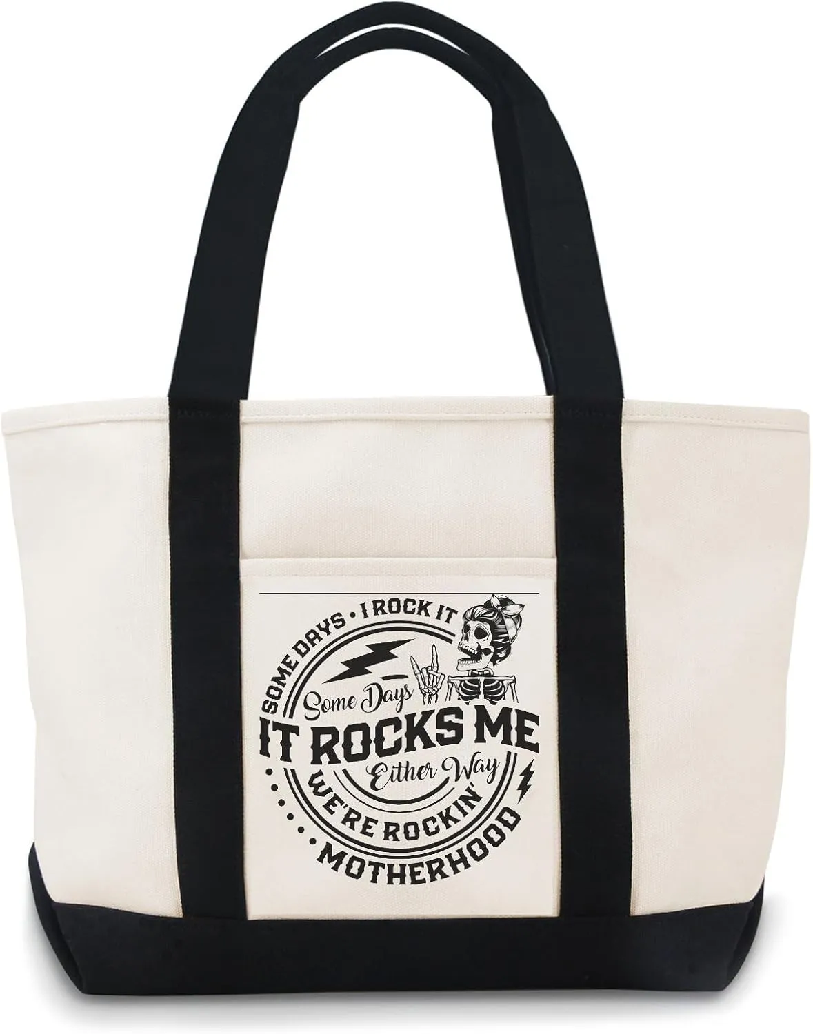 Somedays I Rock It Some Days It Rocks Me Either Way We're Rockin' Motherhood Funny Large Canvas Tote Bag Use For Grocery Bags,Shopping Bags