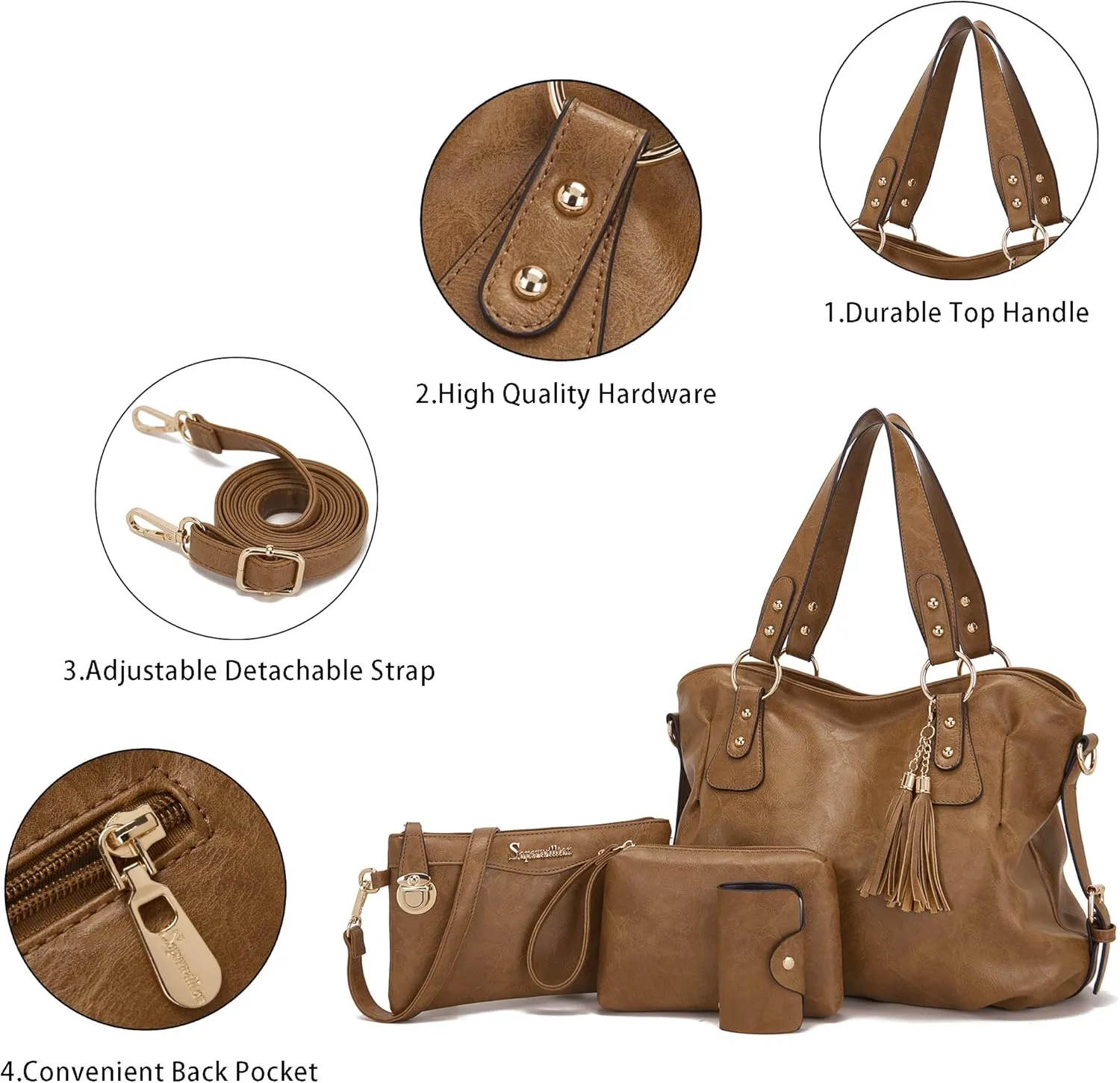 Soperwillton Fashion Handbag for Women Shoulder Bag Top Handle Satchel Hobo Tote Bag Purse Set 4pcs