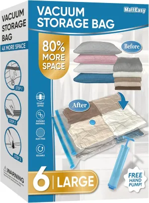 Space Saver Vacuum Storage Bags, 6 Pack Large Space Saver Bags with Pump, Storage Vacuum Sealed Bags for Clothes, Comforters, Blankets, Bedding (Large)