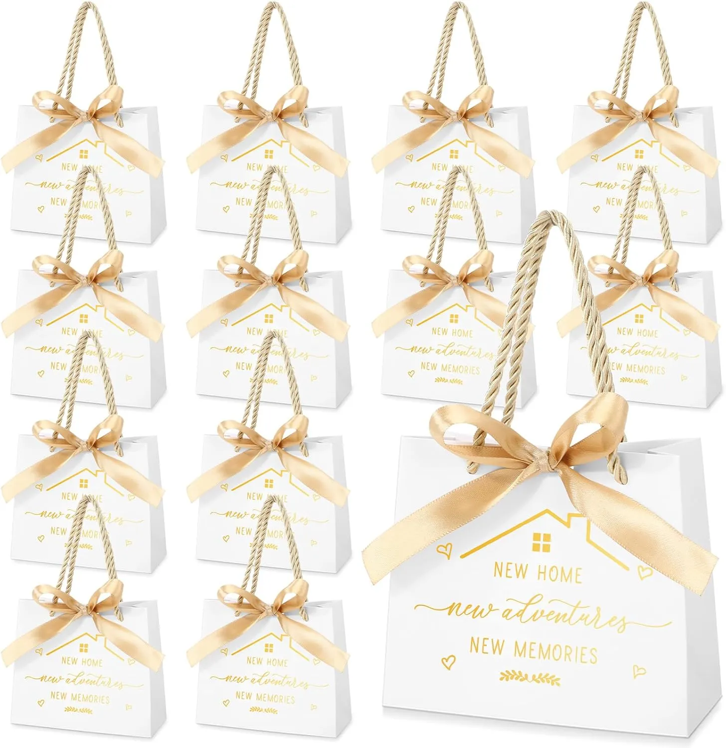 Spakon 25 Pcs Small Housewarming Gift Bags New Home Wrapping Real Estate Agent Gifts Bags with Golden Ribbon Bow and Handles for Clients Friends New Adventure Home Sweet Present Supplies