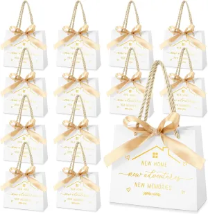 Spakon 25 Pcs Small Housewarming Gift Bags New Home Wrapping Real Estate Agent Gifts Bags with Golden Ribbon Bow and Handles for Clients Friends New Adventure Home Sweet Present Supplies