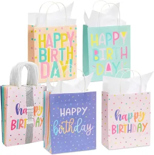 Sparkle and Bash 24 Pack 8 x 10 x 4 Inch Happy Birthday Gift Bags with Handles and 24 Sheets White Tissue Paper, Medium Party Favor Bags for Goodies, Treats, 4 Pastel Colors