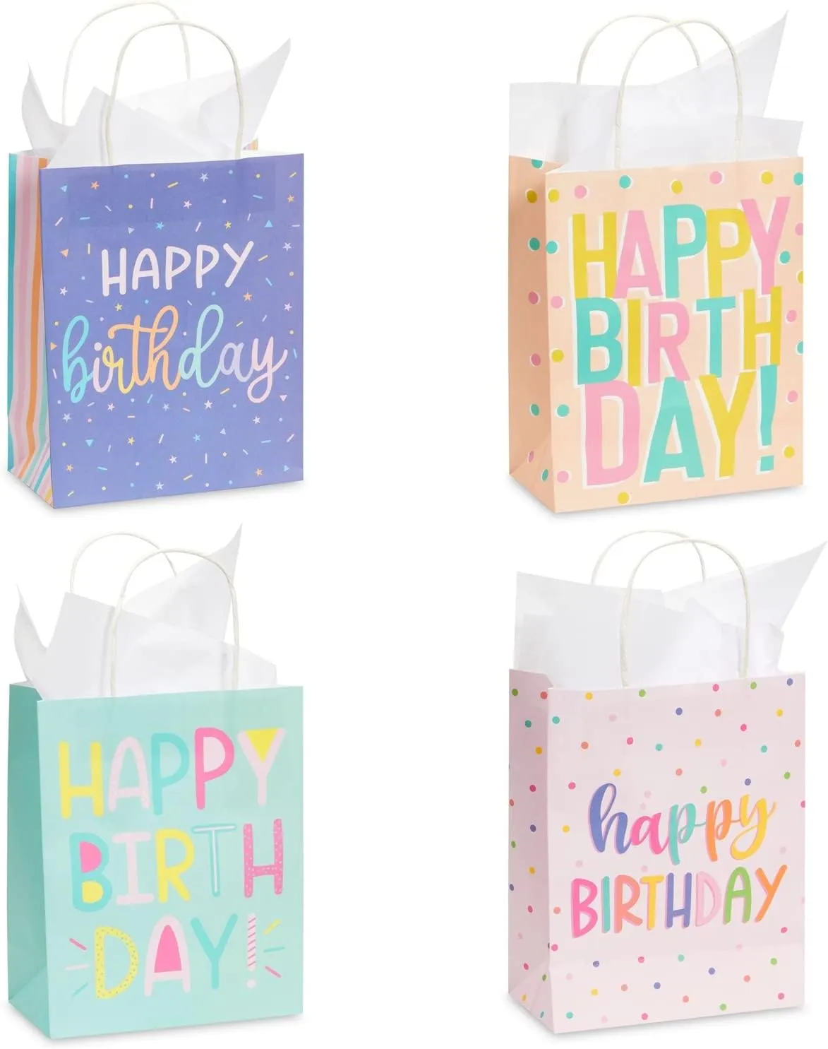 Sparkle and Bash 24 Pack 8 x 10 x 4 Inch Happy Birthday Gift Bags with Handles and 24 Sheets White Tissue Paper, Medium Party Favor Bags for Goodies, Treats, 4 Pastel Colors