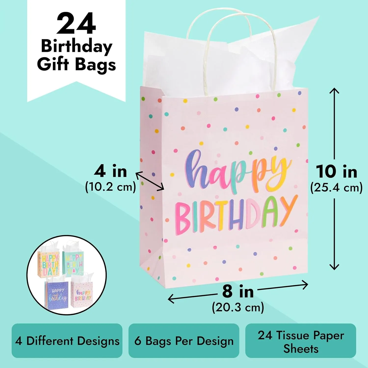 Sparkle and Bash 24 Pack 8 x 10 x 4 Inch Happy Birthday Gift Bags with Handles and 24 Sheets White Tissue Paper, Medium Party Favor Bags for Goodies, Treats, 4 Pastel Colors