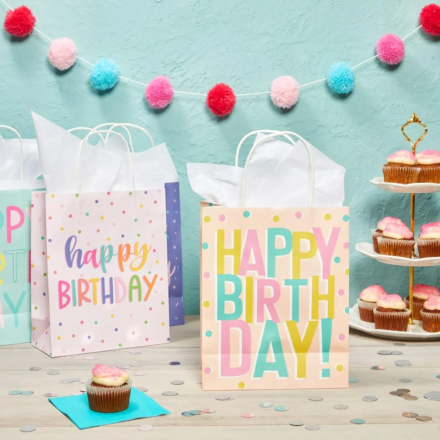 Sparkle and Bash 24 Pack 8 x 10 x 4 Inch Happy Birthday Gift Bags with Handles and 24 Sheets White Tissue Paper, Medium Party Favor Bags for Goodies, Treats, 4 Pastel Colors