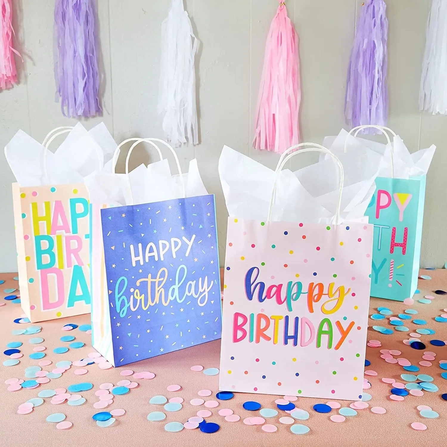Sparkle and Bash 24 Pack 8 x 10 x 4 Inch Happy Birthday Gift Bags with Handles and 24 Sheets White Tissue Paper, Medium Party Favor Bags for Goodies, Treats, 4 Pastel Colors