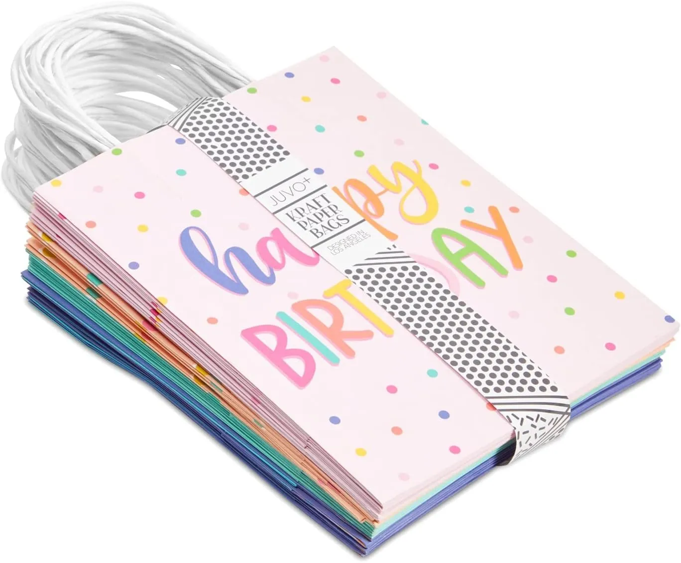 Sparkle and Bash 24 Pack 8 x 10 x 4 Inch Happy Birthday Gift Bags with Handles and 24 Sheets White Tissue Paper, Medium Party Favor Bags for Goodies, Treats, 4 Pastel Colors