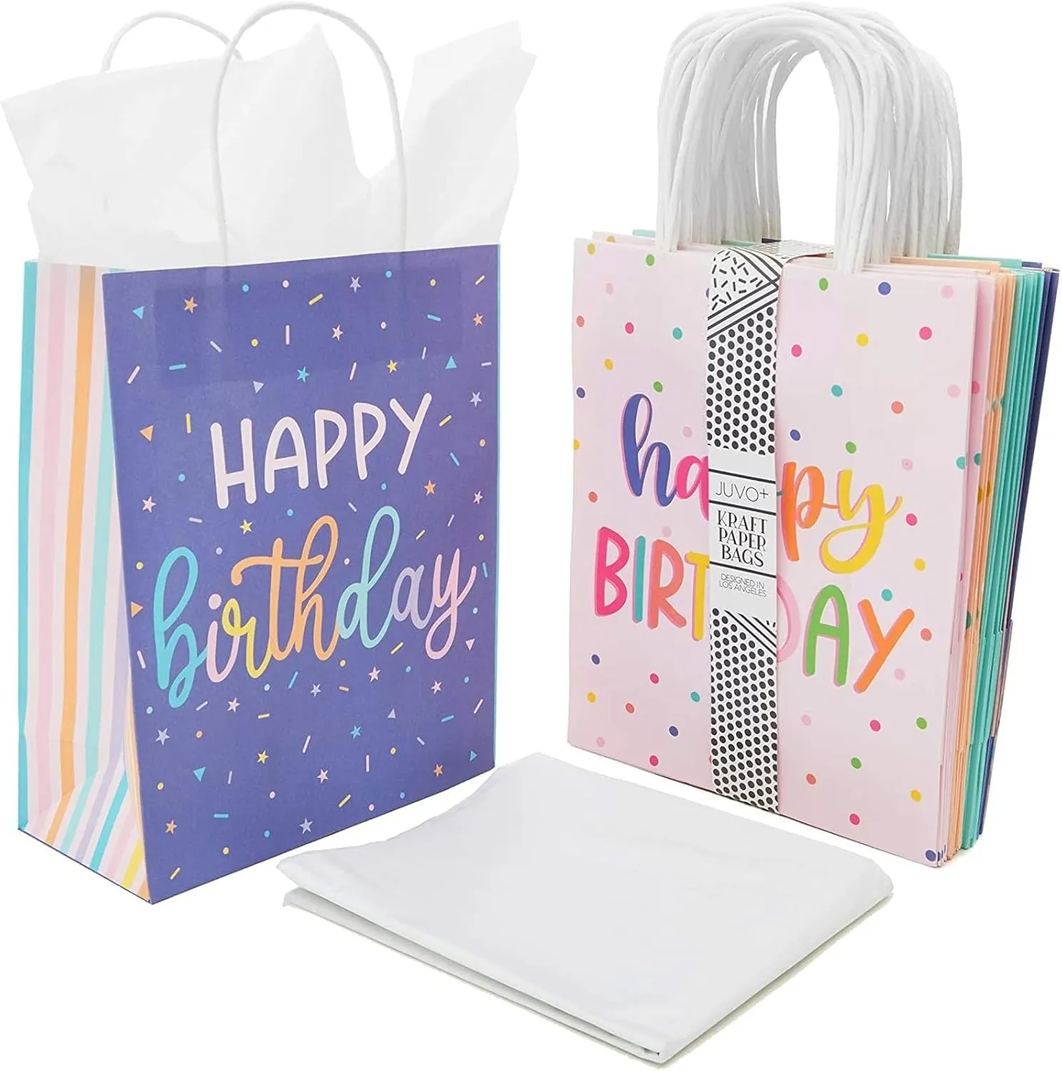 Sparkle and Bash 24 Pack 8 x 10 x 4 Inch Happy Birthday Gift Bags with Handles and 24 Sheets White Tissue Paper, Medium Party Favor Bags for Goodies, Treats, 4 Pastel Colors
