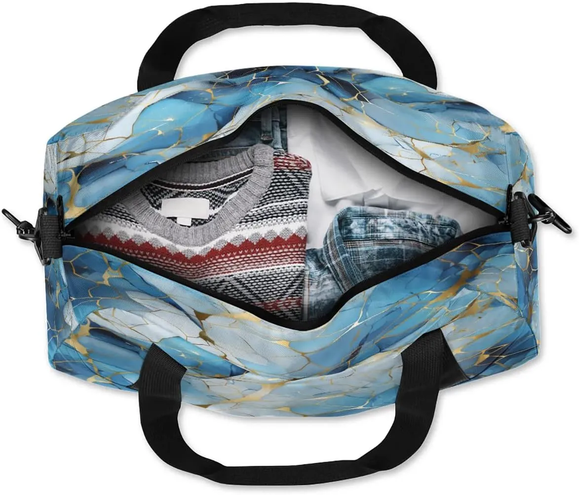 Sport Duffel Bag Blue Golden Marble Kids Gym Bag Weekender Overnight Bags for Boys Girls Teens Carry On Workout Travel Bag