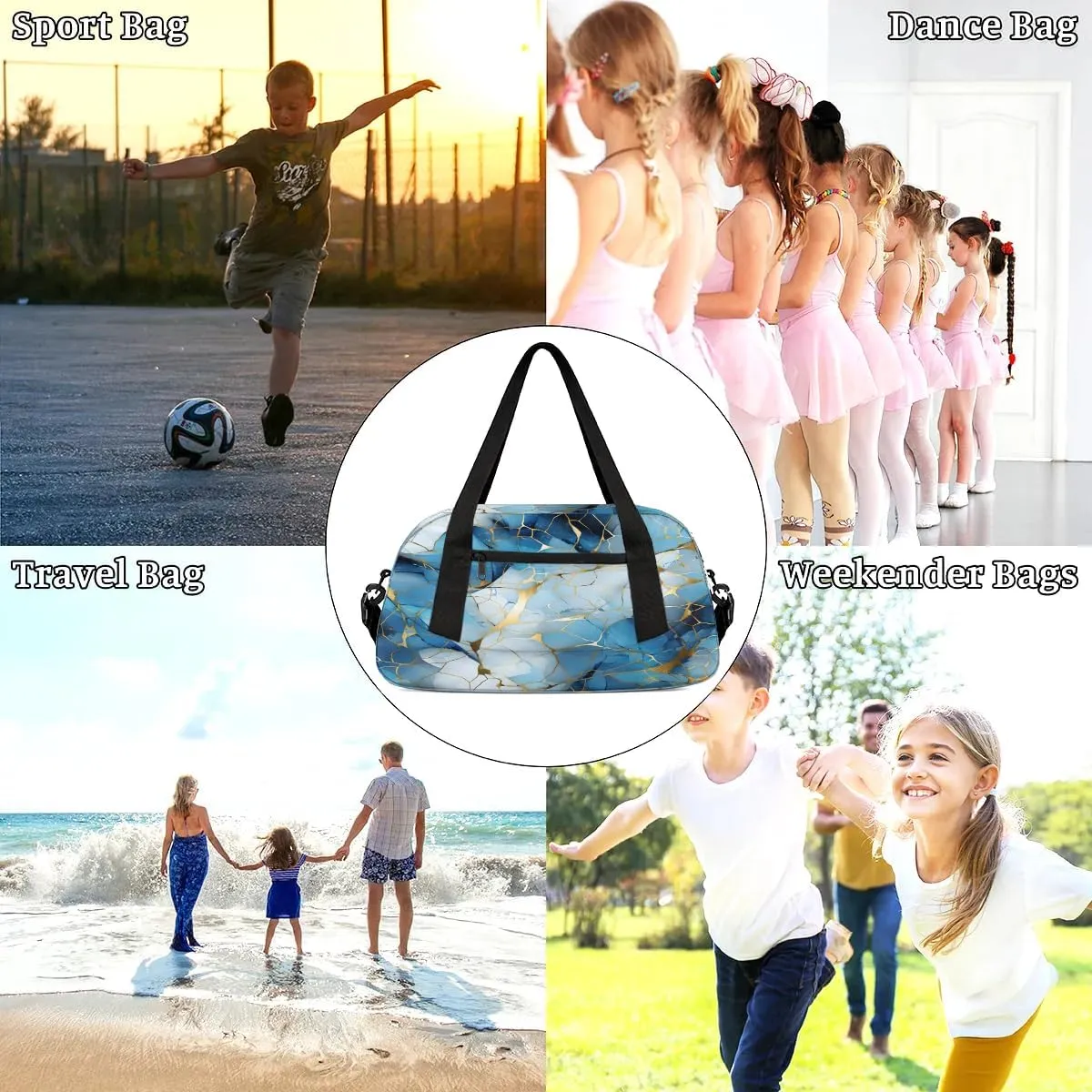 Sport Duffel Bag Blue Golden Marble Kids Gym Bag Weekender Overnight Bags for Boys Girls Teens Carry On Workout Travel Bag