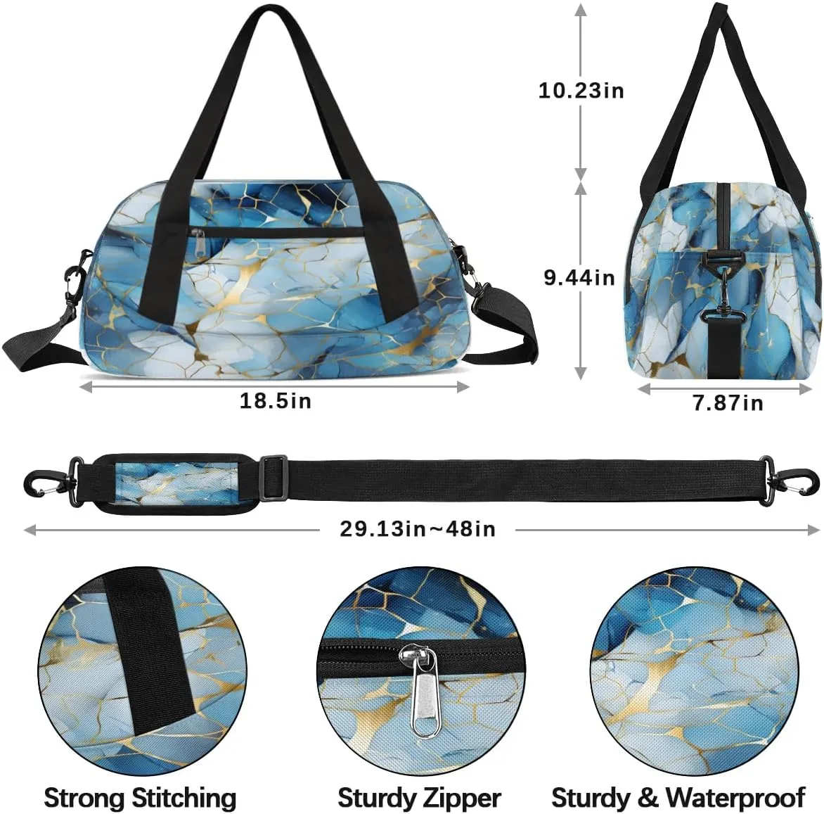 Sport Duffel Bag Blue Golden Marble Kids Gym Bag Weekender Overnight Bags for Boys Girls Teens Carry On Workout Travel Bag