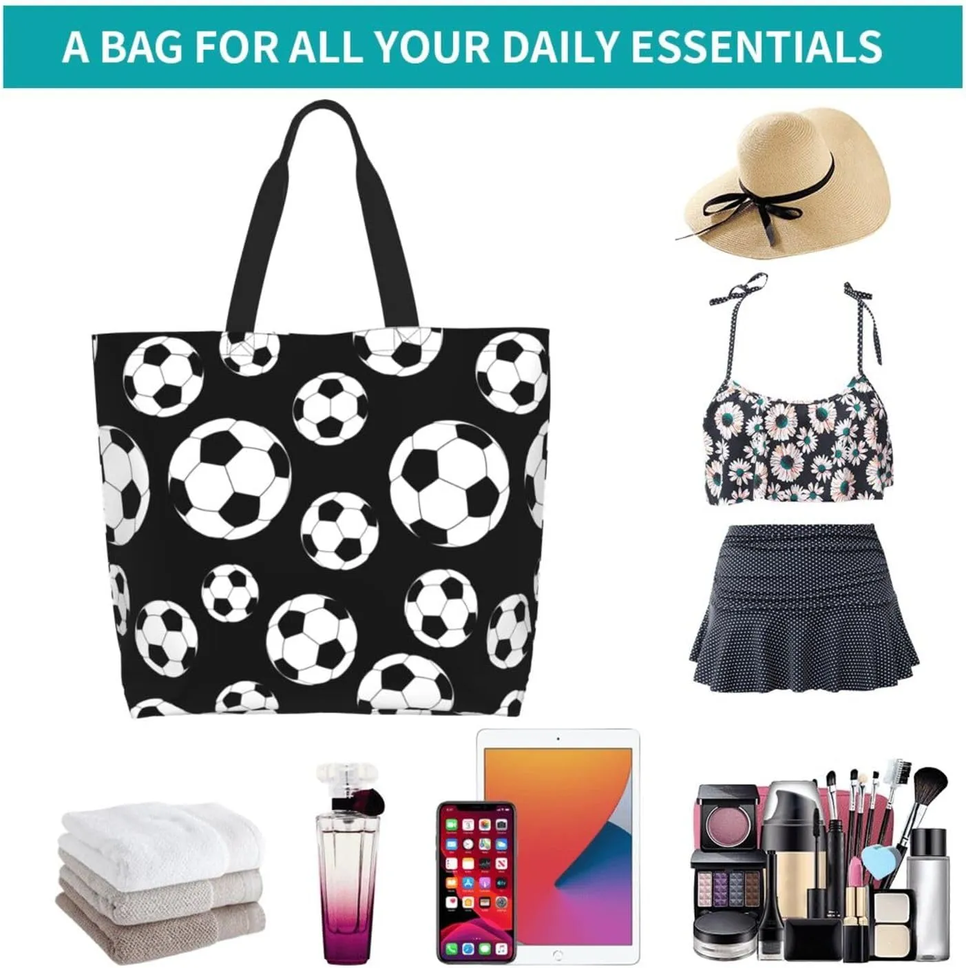 Sport Soccer Large Tote Bag Simple Casual Portable Shoulder Bags Reusable Grocery Handbag For Women Gym Travel
