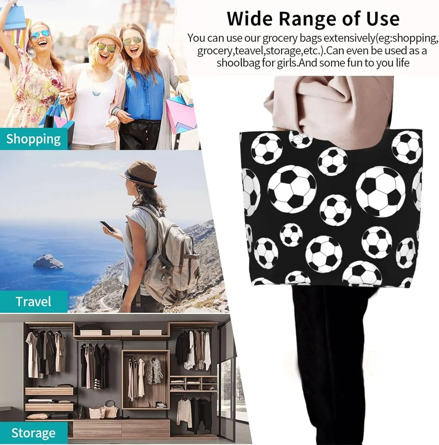 Sport Soccer Large Tote Bag Simple Casual Portable Shoulder Bags Reusable Grocery Handbag For Women Gym Travel