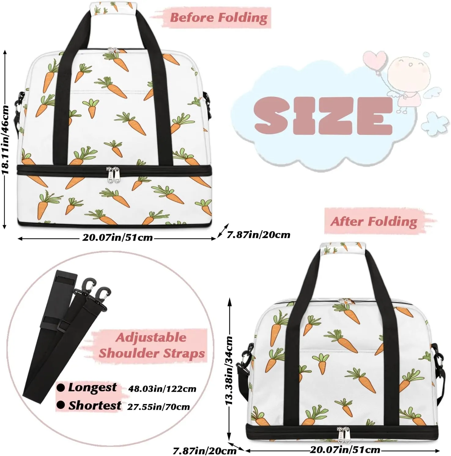 Sports Duffel Bag, Foldable Carrot Roots Travel Duffel Bag, Gym Yoga Beach Bag Weekender Overnight Bag with Shoes Compartment for Men Women, Easter