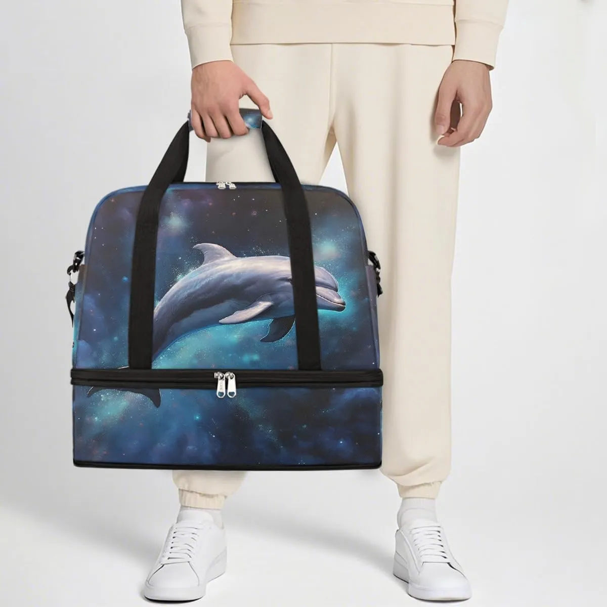Sports Gym Bag Animal Dolphin Large Travel Duffel Bag With Shoe Compartment Foldable Waterproof Carry-On Weekend Travel Bags for Camping Overnight Yoga Hospital Travel Bags
