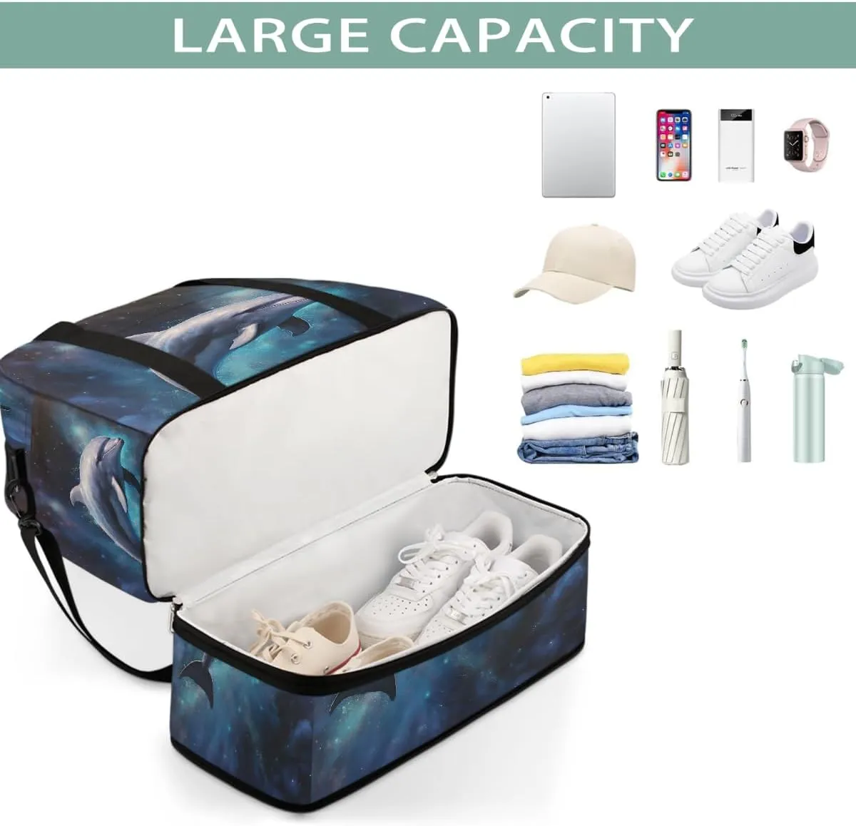 Sports Gym Bag Animal Dolphin Large Travel Duffel Bag With Shoe Compartment Foldable Waterproof Carry-On Weekend Travel Bags for Camping Overnight Yoga Hospital Travel Bags