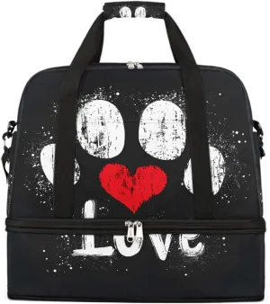 Sports Gym Bag Animals Footprints Love Large Travel Duffel Bag With Shoe Compartment Foldable Waterproof Carry-On Weekend Travel Bags for Camping Overnight Yoga Hospital Travel Bags