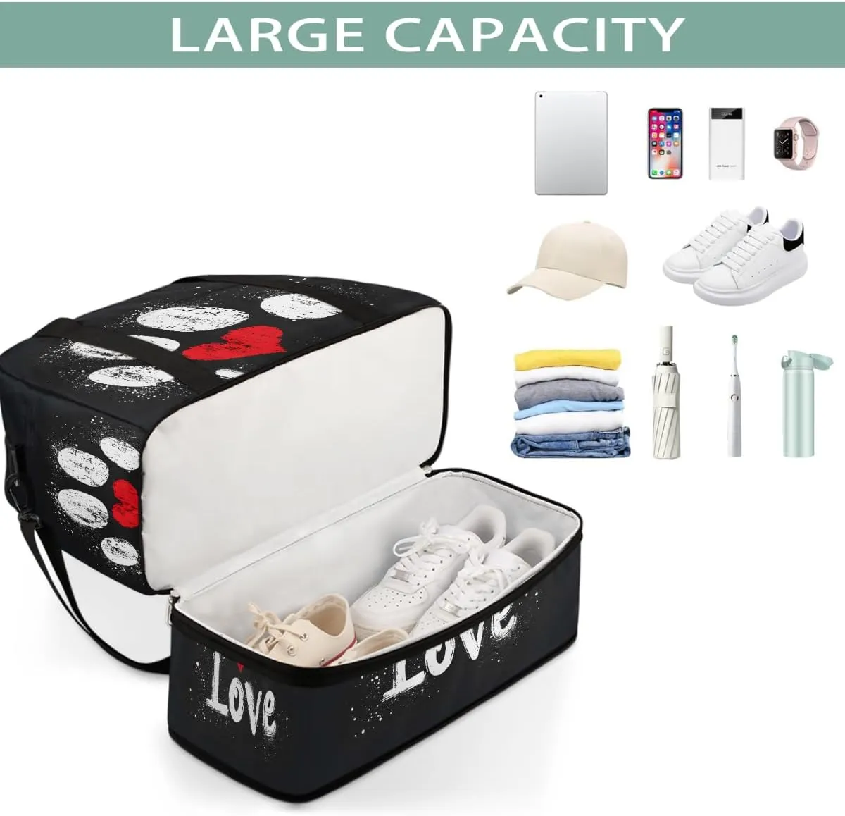 Sports Gym Bag Animals Footprints Love Large Travel Duffel Bag With Shoe Compartment Foldable Waterproof Carry-On Weekend Travel Bags for Camping Overnight Yoga Hospital Travel Bags