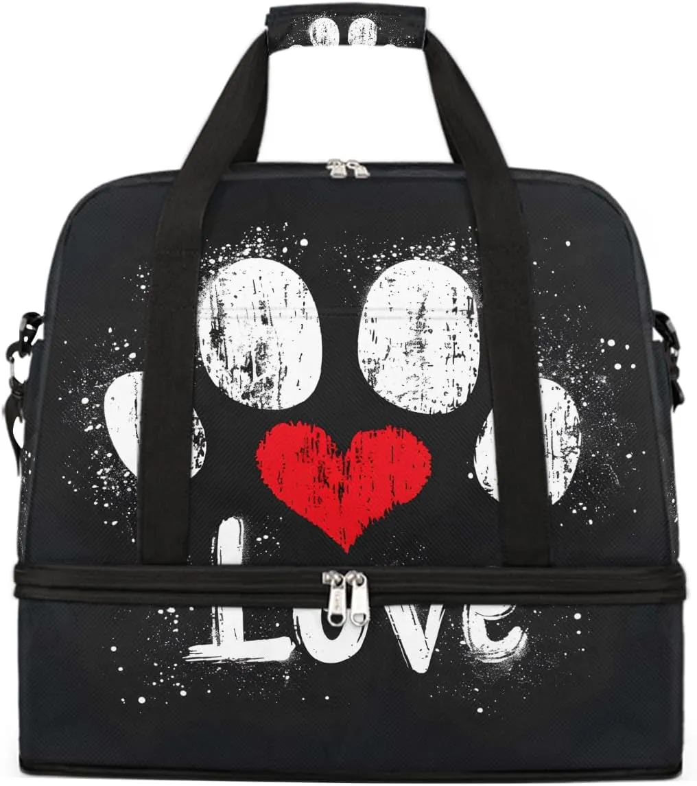 Sports Gym Bag Animals Footprints Love Large Travel Duffel Bag With Shoe Compartment Foldable Waterproof Carry-On Weekend Travel Bags for Camping Overnight Yoga Hospital Travel Bags