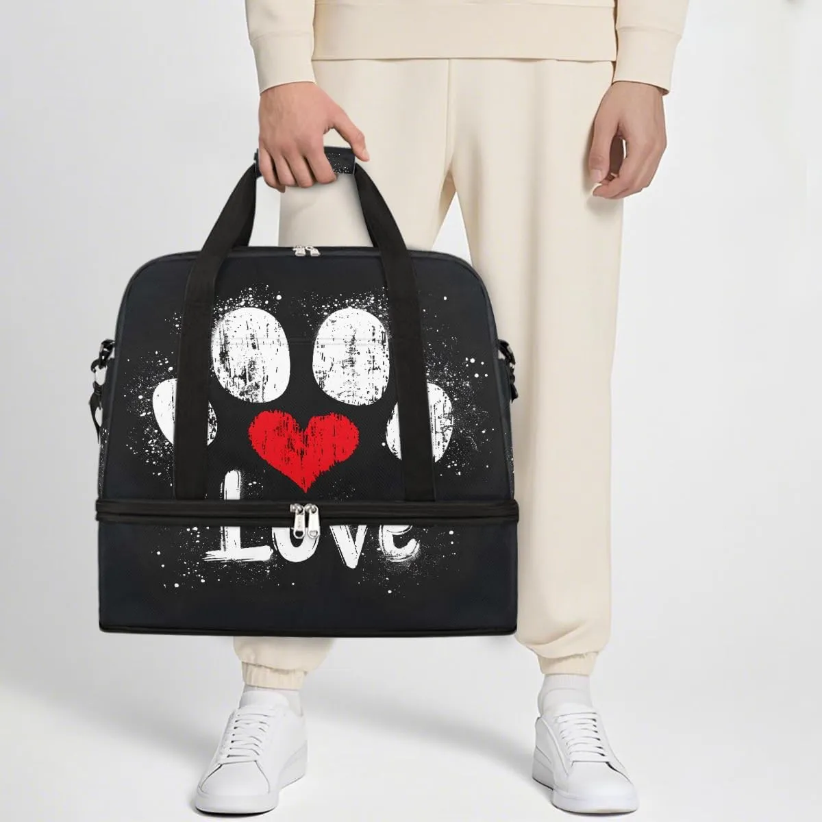 Sports Gym Bag Animals Footprints Love Large Travel Duffel Bag With Shoe Compartment Foldable Waterproof Carry-On Weekend Travel Bags for Camping Overnight Yoga Hospital Travel Bags