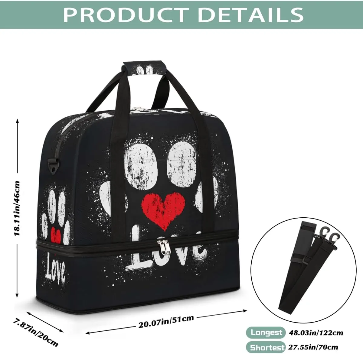 Sports Gym Bag Animals Footprints Love Large Travel Duffel Bag With Shoe Compartment Foldable Waterproof Carry-On Weekend Travel Bags for Camping Overnight Yoga Hospital Travel Bags