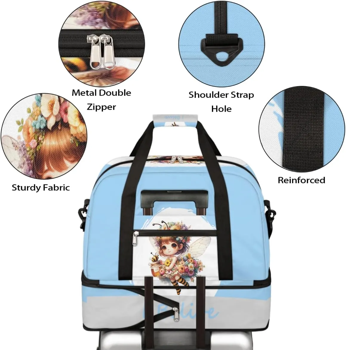 Sports Gym Bag Blue Bee Fairy Large Travel Duffel Bag With Shoe Compartment Foldable Waterproof Carry-On Weekend Travel Bags for Camping Overnight Yoga Hospital Travel Bags