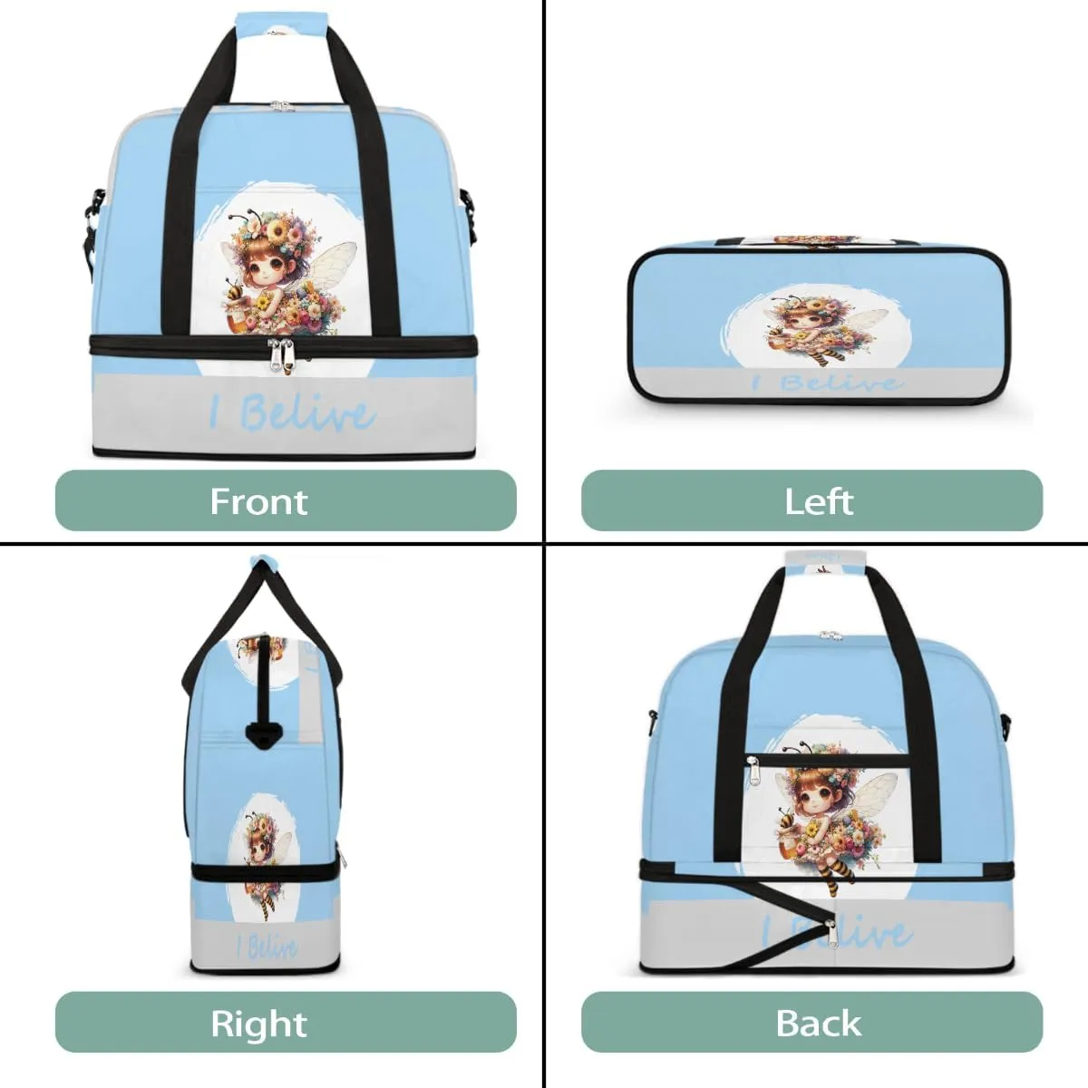 Sports Gym Bag Blue Bee Fairy Large Travel Duffel Bag With Shoe Compartment Foldable Waterproof Carry-On Weekend Travel Bags for Camping Overnight Yoga Hospital Travel Bags